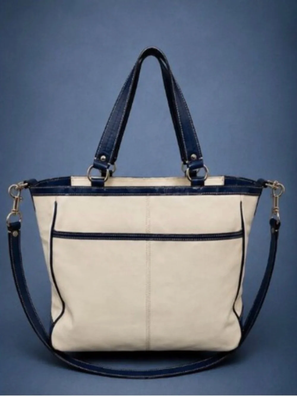 COACH Laura Spectator Carryall Chalk Navy Leather Tote Crossbody Bag - Hang Tag